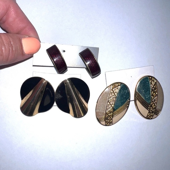 Jewelry - Vintage Modernist Enamel Metal Earrings Lot Of Three Gold Tone Black Red Green